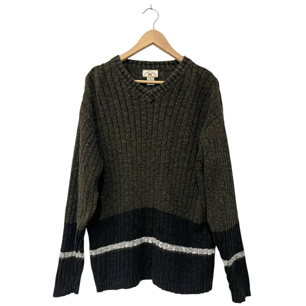 Vintage 90s County Seat Mens Sweater Pullover V-Neck Ribbed Green Gray Sz M